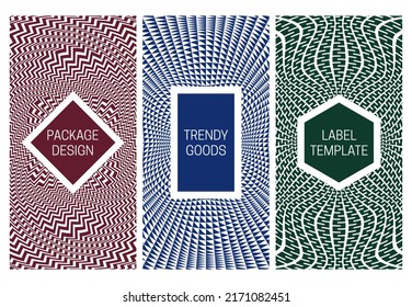 Set of packaging design with monochrome psychedelic pattern. Backgrounds of optical ripples with frames for text.