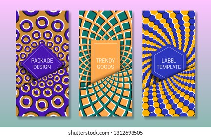 Set of packaging design with optical illusion backgrounds. Moving hypnotic backdrop with frames in pockets.