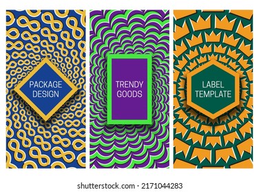 Paket-Design mit optischen Täuschungshintergründen verschiedener geometrischer Formen. Bewegende hypnotische Kulisse mit Rahmen für Text.