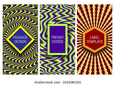 Set of packaging design with optical illusion backgrounds of psychedelic patterns. Hypnotic backdrop with frames for text.