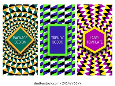 Set of packaging design with optical illusion backgrounds of spectacular moving patterns. Visual hypnotic backdrop with frames for text.