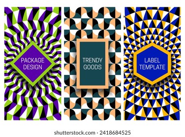 Set of packaging design with optical illusion backgrounds of thrilling moving patterns. Visual hypnotic backdrop with frames for text.