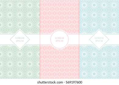 Set of packaging design templates with seamless patterns and frames. Suitable for cosmetics, beauty products, business card backgrounds with classic pattern. Design in trendy minimal linear style
