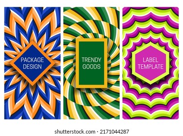 Set of packaging design with various optical illusion backgrounds. Moving hypnotic backdrop with frames for text.