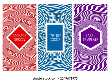 Set of packaging design with various psychedelic monochrome patterns. Optical effect backgrounds with frames for text.