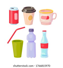 Set of packaging for drink. Aluminium can, coffee cup, mug, straw, plastic glass and bottles. Vector cartoon flat illustration isolated on white background.