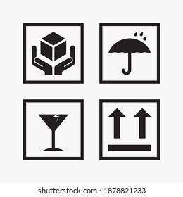 Set of packaging icons design graphic. This side up, keep dry, fragile, handle with care meaning symbol. 