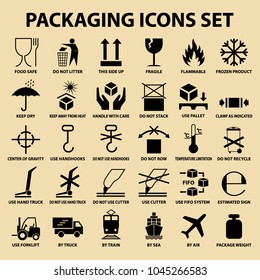 set of packaging icons, packing cargo labels, delivery service symbols for boxes, shipping symbols