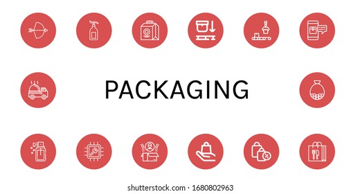 Set of packaging icons. Such as Bow, Lotion, Lunch box, Use pallet, Conveyor, Package, Liquid soap, Chip, Box, Handle with care, Shopping bag, Delivery truck , packaging icons