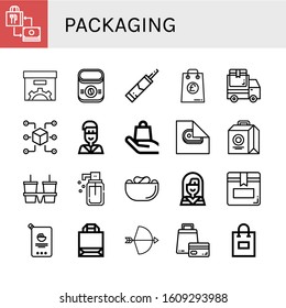 Set of packaging icons. Such as Shopping bag, Box, Instant coffee, Silicone, Delivery truck, Packet, Native american, Handle with care, Wrapping, Lunch box, Cup carrier 
