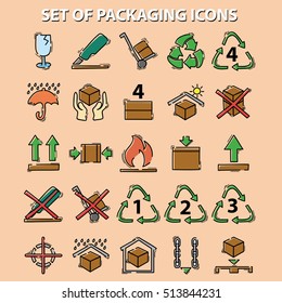 set of packaging icons (this side up, handle with care, fragile, keep dry, keep away from direct sunlight, flammable, bar code,  recyclable) 