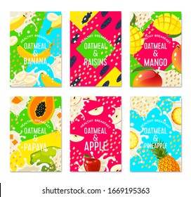 Set of packaging label design templates for granola bar, oatmeal cereal with fruits. Colorful vector cartoon illustration.