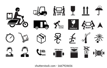 Set of packaging marks and delivery icons. Vector elements. Can use for your design, interface, website, infographic and etc. Prepared for use in any size on different devices. EPS10.