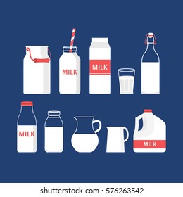 Set of packaging for milk. Collection milk containers: box, bottle, jug, can, glass. Vector illustration of a dairy shop. Flat icons.