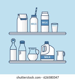 Set of packaging for milk. Collection milk containers: box, bottle, jug, can, glass. Vector illustration of a dairy shop. Illustration in line style.