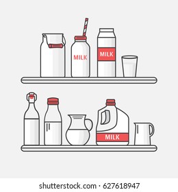 Set of packaging for milk. Collection milk containers: box, bottle, jug, can, glass. Vector illustration of a dairy shop. Illustration in line style.