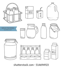 Set of packaging for milk, hand drawn icons. Black and white elements, big collection. Illustration with sketch objects. Decorative backdrop, good for printing. Design background, dairy products