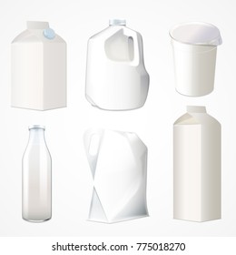 Set of packaging for milk kefir sour cream drinking yogurt and juice. Cardboard, plastics, glass package. Vector illustration 