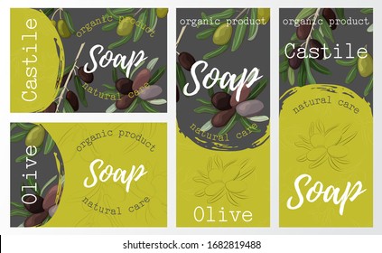 Set packaging of natural soap with olive. Organic cosmetic natural soap. Vector hand drawn illustration. Design for natural and organic cosmetics, health care products.