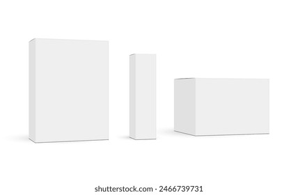 Set Of Packaging Rectangular Boxes Mockups, Side View, Isolated On White Background. Vector Illustration