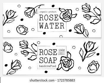 Set for packaging rose water and rose soap. Organic cosmetic natural soap, rose water. Aromatherapy. Hand craft. Vector hand drawn illustration. Black and white design. Design for natural and organic