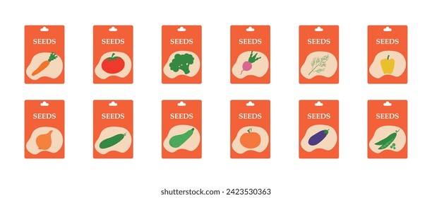 Set of packaging with seeds drawn by hand. Bright packets of seeds. Vector illustration