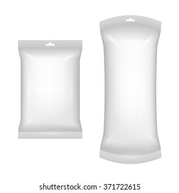 Set of packaging for snacks, baked, chips, pickles, canned food, salt, sugar, spices, food batch, gray foil package with a sealed edges, isolated on a white background.