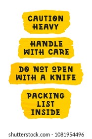 Set of packaging stickers. Hand-written with marker. Bright yellow paint background. Vector illustration. Can be used for 'just moved' cards, blog posts about moving, social media, stickers, t-shirts.
