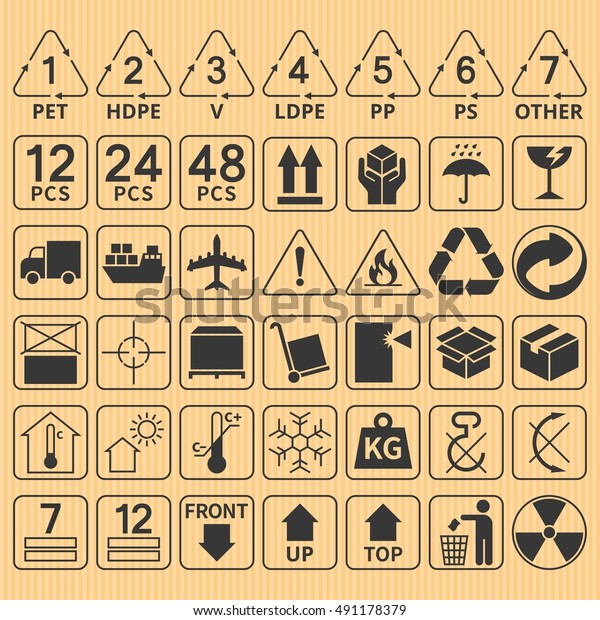 Set of packaging symbol\
collection,fragile,handle with care,delivery,flammable,max\
stack,up,top,keep dry,from sun light,do not rotate,recycle\
sign,plastic type,room temperature,don\'t hook,use\
trolley