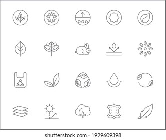 Set of packaging symbol and recycling line style. It contains such Icons as organic, halal, fresh, natural, vegan, zero waste, fabric and other elements. customize color, easy resize.