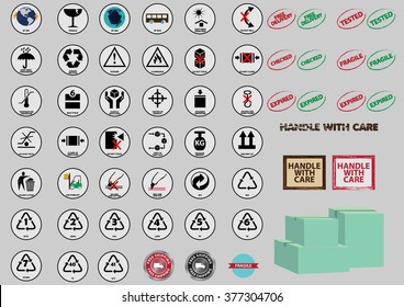 Set Of Packaging Symbols (fragile, handle with care, keep dry, protect from heat, use no hooks, do not stack, do not roll, do not clamp, keep away from heat, fifo system, stacking limitation)