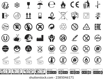 Conjunto de símbolos de empaquetado. Símbolos generales del manual. Gluten, Lactosa, GMO, SLS, Nutri-Score, Plastic In Product, Protein, Iconos de Carbohidratos Grasos.