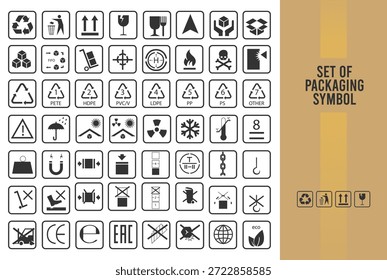 Set of Packaging Symbols. Handbook general symbols. Common packaging, warning symbol set. Handle with care