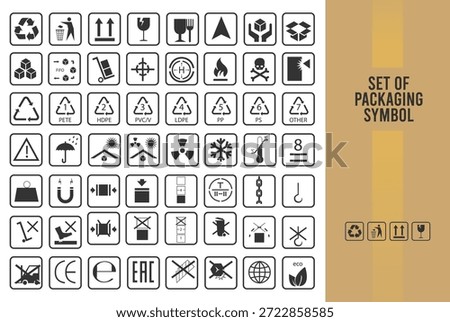 Set of Packaging Symbols. Handbook general symbols. Common packaging, warning symbol set. Handle with care
