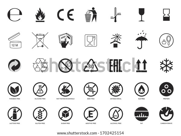 Set of Packaging Symbols. Handbook general
symbols. Gluten, Lactose, GMO, Paraben, Silicone , SLS, Sugar free,
Food additive, Not Tested on Animals, Antibacterial, Protein, Fat
Carbohydrate icons.