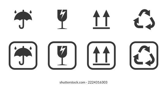 Eine Reihe von Verpackungssymbolen, Symbolen und Markierungen. Recycling, zerbrechlich, trocken, aufwärts, pfleglich, recyclingfähig. Einzeln Schwarz-Weiß.