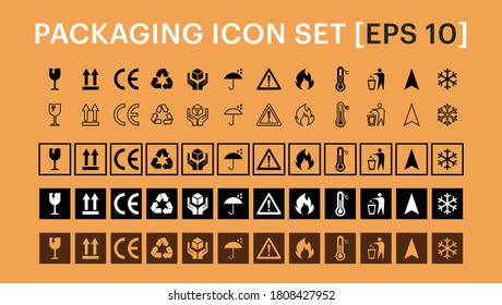 Set Of Packaging Symbols including fragile, processing, protected, recycling, flammable, this side up and other signs. Can be used on the packaging.
