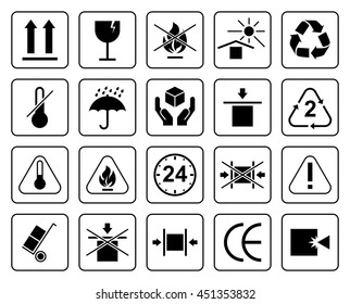 Set Of Packaging Symbols including fragile, to protect from the sun, processing, protected from moisture and other signs. Can be used on the packaging.