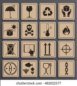 Set Of Packaging Symbols in a paper official style. Icon set including waste recycling, fragile, this side up, handle with care, keep dry and other caution handling symbols. Vector illustration.