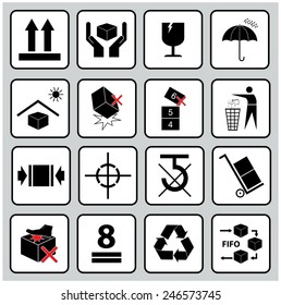 Set Of Packaging Symbols (this side up, handle with care, fragile, keep dry, keep away from direct sunlight, do not drop, do not litter, use only the trolley, use fifo system, max carton, recyclable).