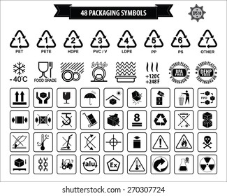 Set Of Packaging Symbols (this side up, handle with care, fragile, keep dry, keep away from direct sunlight, do not drop, do not litter, use only the trolley, use fifo system, max carton, recyclable).