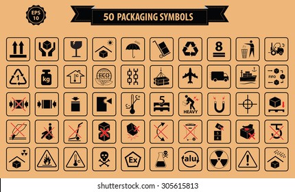 Set Of Packaging Symbols (this side up, handle with care, fragile, keep dry, keep away from direct sunlight, do not drop, do not litter, use only the trolley, use fifo system, max carton, recyclable)