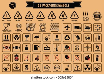 Set Of Packaging Symbols (this side up, handle with care, fragile, keep dry, keep away from direct sunlight, do not drop, do not litter, use only the trolley, use fifo system, max carton, recyclable)