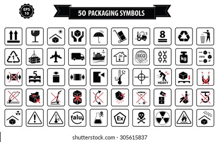 Set Of Packaging Symbols (this side up, handle with care, fragile, keep dry, keep away from direct sunlight, do not drop, do not litter, use only the trolley, use fifo system, max carton, recyclable)