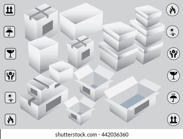 set of packaging symbols (this side up, handle with care, fragile, keep dry, keep away from direct sunlight, flammable, bar code,  recyclable) vector illustration