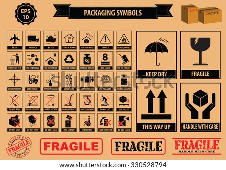 Set Of Packaging Symbols (this side up, handle with care, fragile, keep dry, keep away from direct sunlight, do not drop, do not litter, use only the trolley, use fifo system, max carton, recyclable)