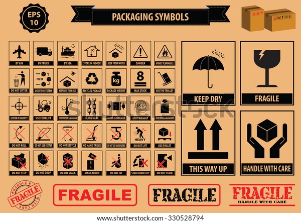 Set Of Packaging Symbols (this side up,\
handle with care, fragile, keep dry, keep away from direct\
sunlight, do not drop, do not litter, use only the trolley, use\
fifo system, max carton,\
recyclable)