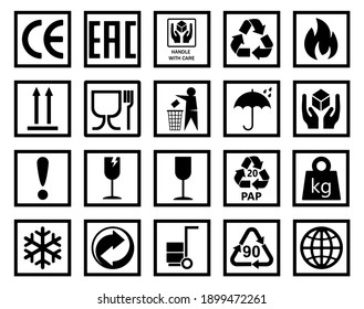 A set of packaging symbols for transportation, storage and product information. dark symbols isolated on white background. Vector illustration
