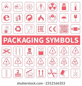 A set of packaging symbols for transportation, storage and product information. Red symbols isolated on white background. ESP 10.