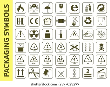 A set of packaging symbols for transportation, storage and product information. Blue symbols isolated on white background. ESP 10.